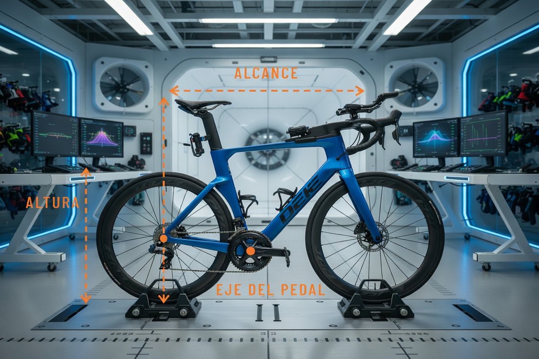 Bicicleta de ruta en el laboratorio de biomecánica con las cotas de altura, alcance y eje del pedal señaladas